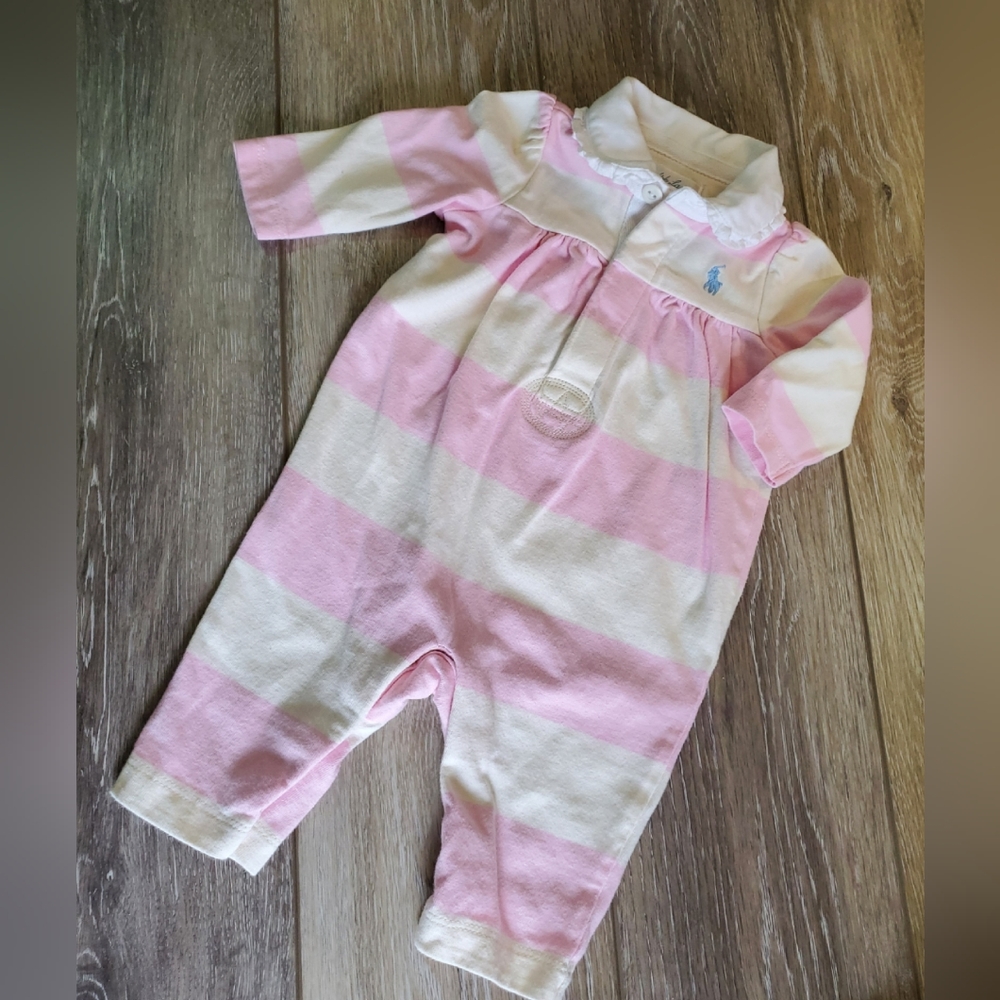 Baby girl's Ralph Lauren pink/cream striped  rugby coverall Size 3 mo.